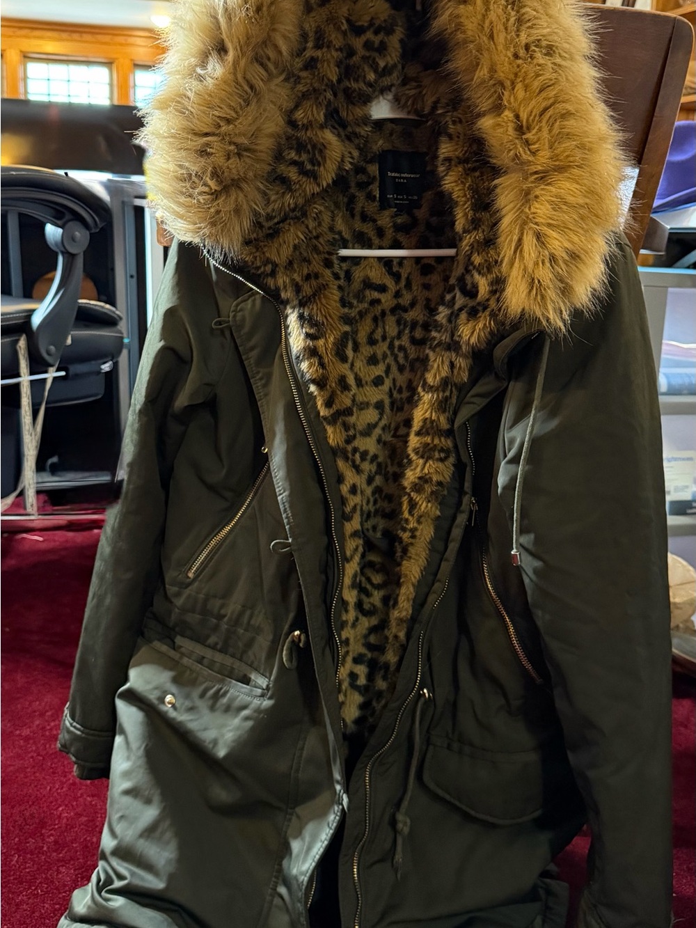 Zara Olive Green Utility Parka with Faux Fur Hood & Leopard Lining